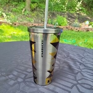2014 Starbucks Stainless Steel Geometric Puzzle Tumbler Straw 16oz  Black Yellow